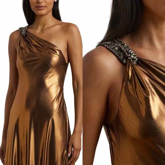 Lauren Ralph Lauren Metallic Chiffon One Shoulder Gown Party Size US 10 - Picture 10 of 14